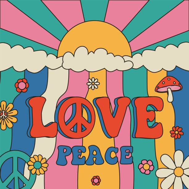 ilustrações de stock, clip art, desenhos animados e ícones de hippie poster. cartoon psychedelic banner with colorful hippy and peace signs. striped abstract background. flowers and sun. rainbow sky. retro 60s or 70s placard. vector illustration - hippie