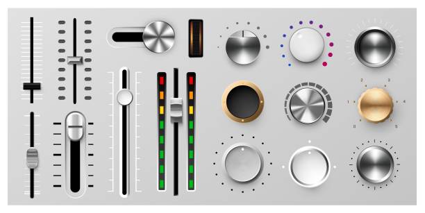 사실적인 금속 대시보드 다이얼. 라디오 패널 노브. 스테레오 사운드 및 음악 장비에 대한 둥근 버튼과 조정 수준. 금속 레귤레이터 또는 터너. 벡터 오디오 스위치 세트 - sliding control panel control playing stock illustrations