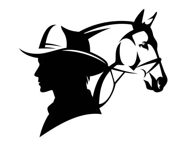 Vector illustration of american cowboy wearing hat and horse head black vector portrait