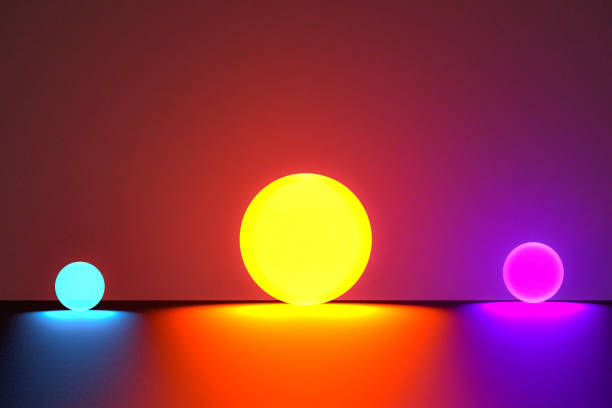 The Glowing neon balls. Bright illuminated multicolored spheres. 3D illustration.