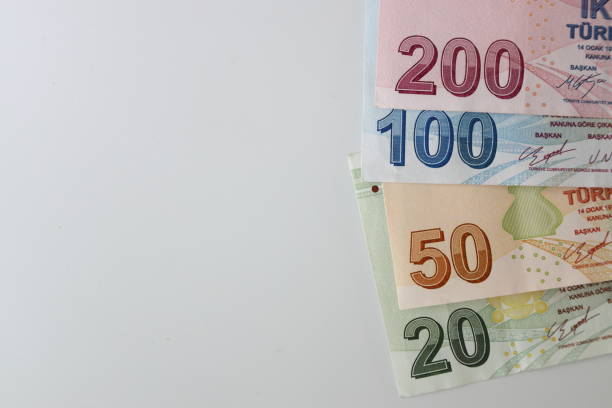 istock Turksh Lira banknotes of various color, pattern and value on white background 1369559566