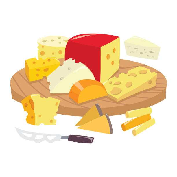 Cartoon Round Cheese Board A cartoon vector illustration of various cheeses on a round wooden board. colby cheddar stock illustrations