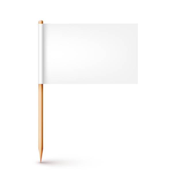 istock Realistic wooden toothpick with white paper flag. Location mark, map pointer. Blank mockup for advertising and promotions. Vector illustration 1369559913