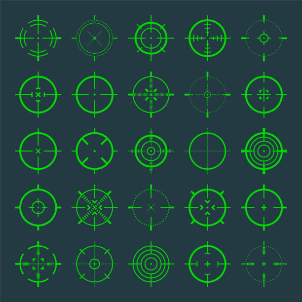 십자선, 총 광경 벡터 아이콘. 불스아이, 녹색 대상 또는 조준 기호. 군사 소총 범위, 사격 마크 기호. 타겟팅, 촬영을 목표로. 양궁, 사냥 과 스포츠 촬영. 게임 ui 요소 - archery range illustrations stock illustrations