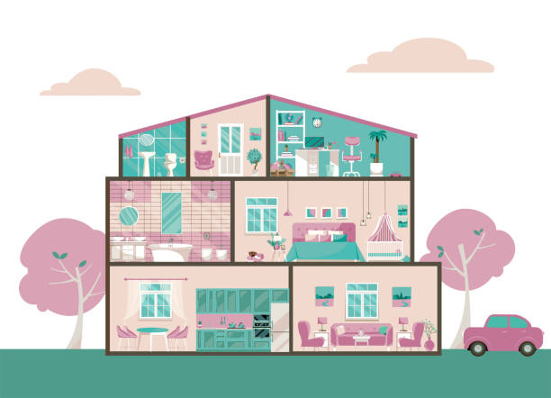 istock Detailed colorful home interior. Pink house in cut. Modern big building inside. Many rooms with furniture. Flat cartoon vector illustration. 1369563377