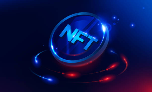 istock NFT nonfungible token illustration with red and blue glowing lights dark blue background. Vector cryptocurrency 1369563407