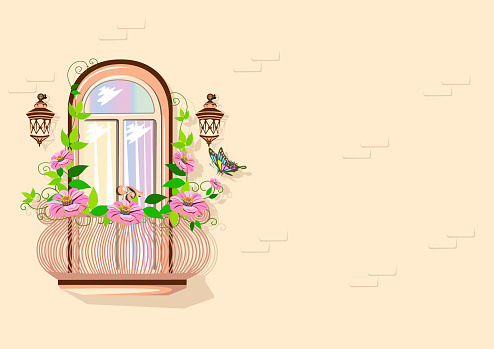 Fairy tale balcony for the castle of the princess with a precious heart and entwined with flowers. Vector illustration of fairy tale architecture on a brick wall.