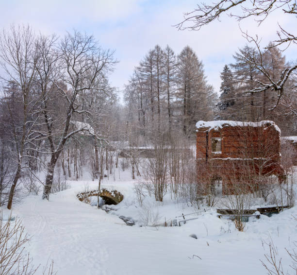 istock Winter landscape with a bridge and ruins 1369565824