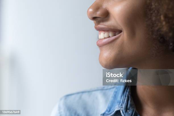 Lower Face Of Happy Beautiful Black Ten Girl Side View Stock Photo - Download Image Now