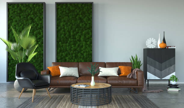 istock The interior design with scandinavian moss wall, 3d rendering 1369568007