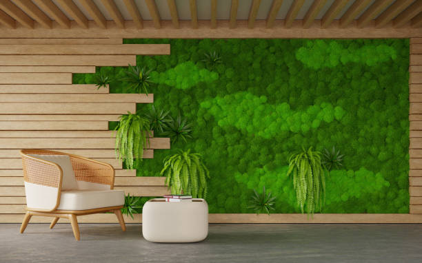 istock The interior design with scandinavian moss wall, 3d rendering 1369568034