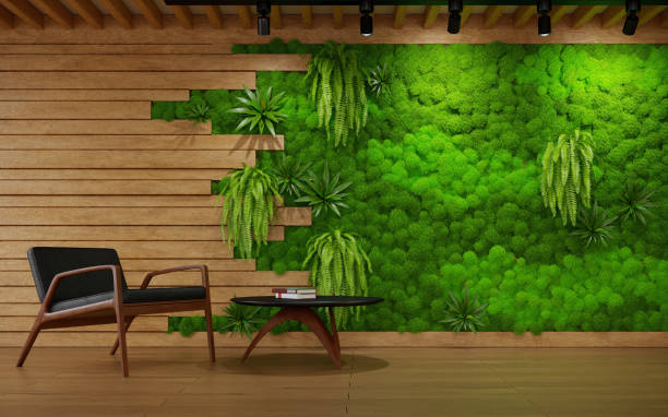 istock The interior design with scandinavian moss wall, 3d rendering 1369568050
