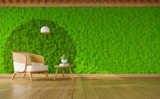 istock The interior design with scandinavian moss wall, 3d rendering 1369568053