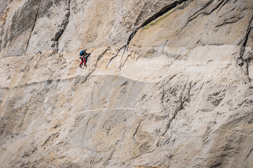 October 8, 2018 - Yosemite, United States: mountain climber make their way up the 3000' granite wall of El Capitan in Yosemite National Park