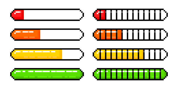 illustrazioni stock, clip art, cartoni animati e icone di tendenza di caricamento dello stile pixel vettoriale della barra. stato del processo del caricatore a 8 bit. set di elementi dell'interfaccia del videogioco. - misuratore del tempo