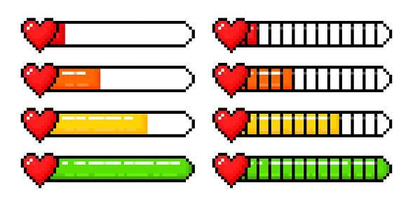 Health bar video game pixel style element. Mana indicator 8 bit set.