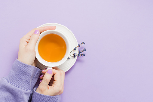 Female hands hold cup of tea with lavender on purple background, copy space, top view