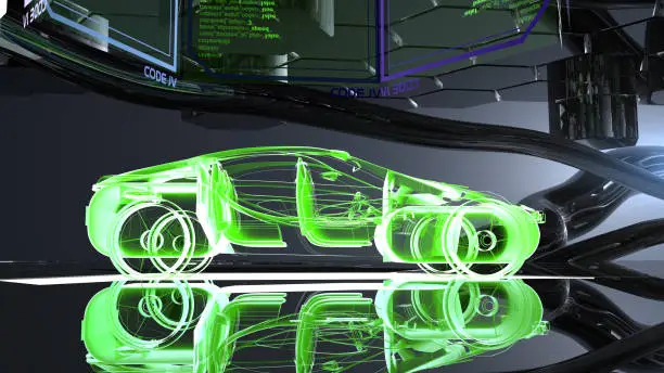 A new generation electric vehicle is in the futuristic showroom. Presentation of a virtual car taking the stage. / You can see the animation movie of this image from my iStock video portfolio. Video number: 1369365594