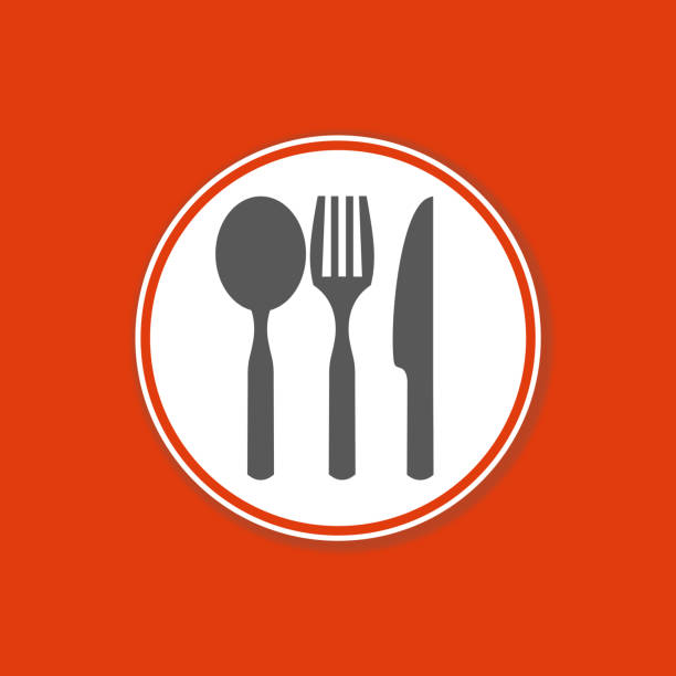 Food and restaurant icon in circle on red background Red background banner with Cutlery icon in white circle - Restaurant and Food bestek stock illustrations