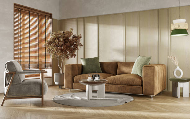 istock Minimalist interior design with wooden window and indoor trees. Interior mockup, 3d render 1369570989