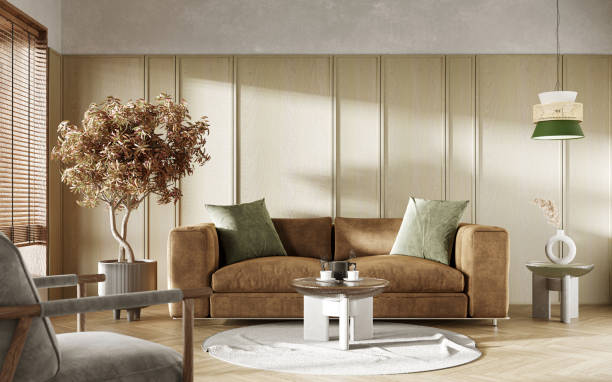 istock Minimalist interior design with wooden window and indoor trees. Interior mockup, 3d render 1369570990