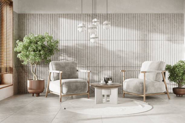 istock Minimalist interior design with wooden window and indoor trees. Interior mockup, 3d render 1369570996