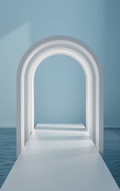 istock Water and arched door in the empty room, 3d rendering. 1369571011