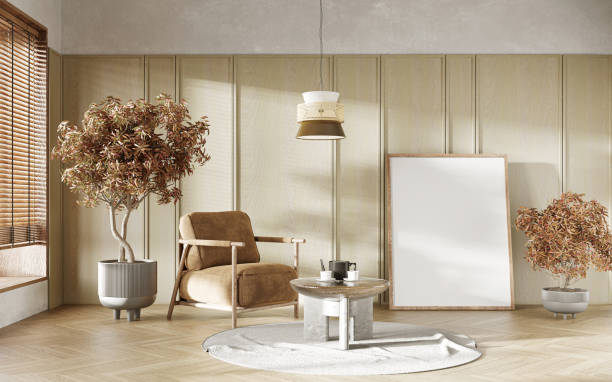 istock Minimalist interior design with wooden window and indoor trees. Interior mockup, 3d render 1369571013