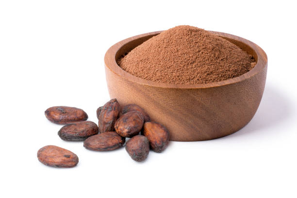 granos de cacao y cacao en polvo - polvo de cacao fotografías e imágenes de stock