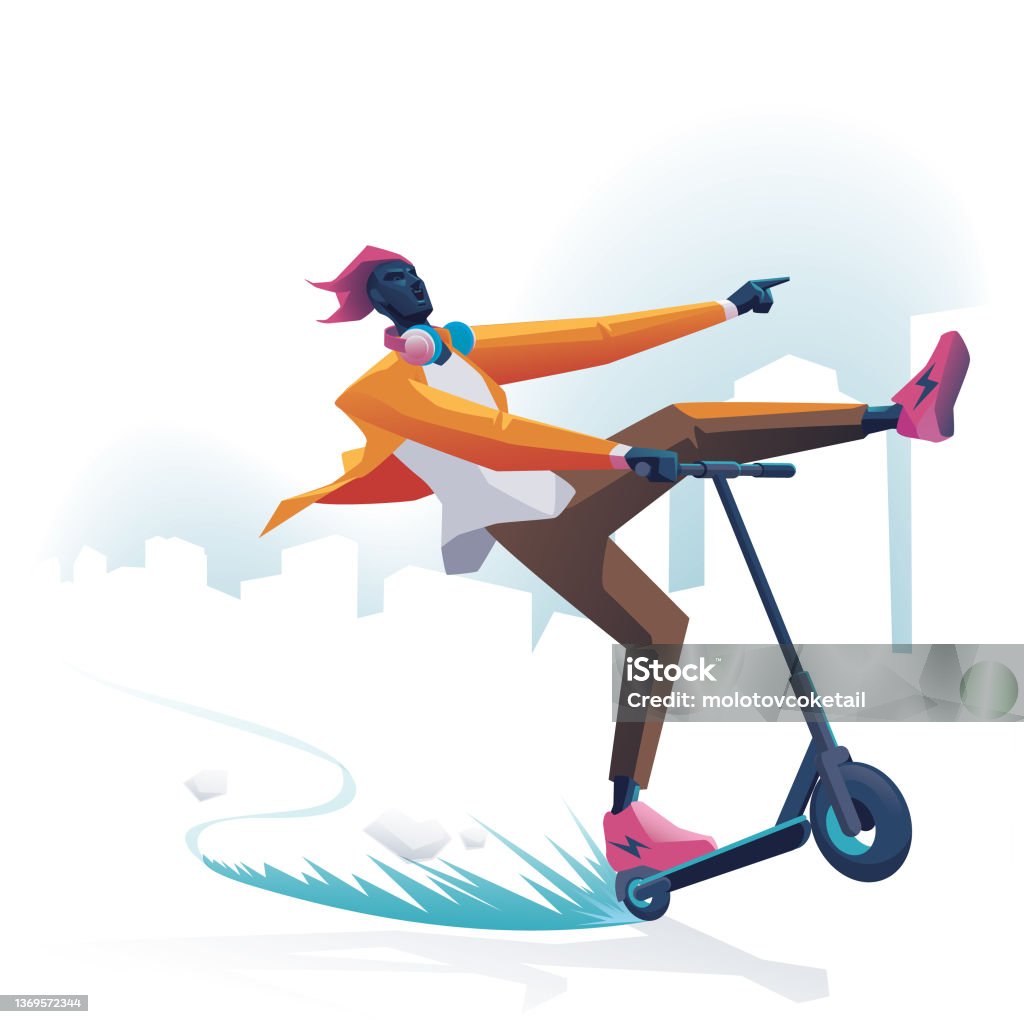 extreme polygon people scootering Polygonal people scootering on a clean urban background. Illustration stock vector