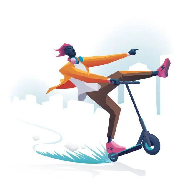 Vector illustration of extreme polygon people scootering
