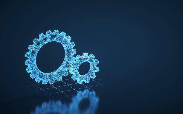 istock Meshing mechanical gears, metallic parts, 3d rendering. 1369572492