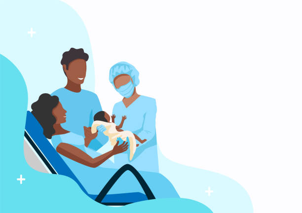 partner childbirth A pregnant woman gives birth to a baby in a maternity hospital. Partner childbirth. Thanks to the doctors and nurses. Vector horizontal illustration on an abstract minimalistic background. Midwife stock illustrations