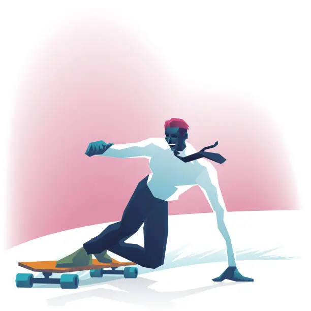 Vector illustration of extreme polygon business people speed skateboarding