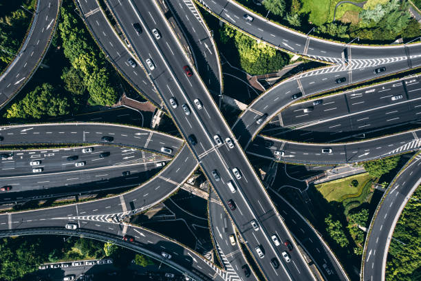 istock Aerial View of Busy Road Intersection 1369573977