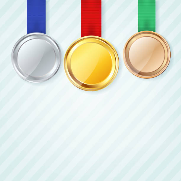 ilustraciones, imágenes clip art, dibujos animados e iconos de stock de conjunto de medallas sobre fondo azul claro. oro, plata y bronce en cintas - silver medal award ribbon green