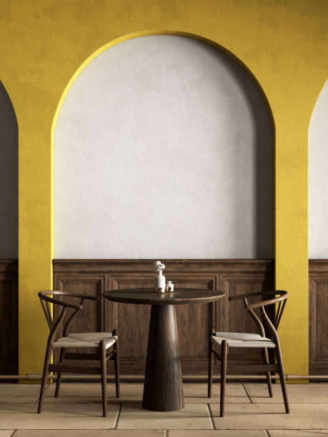 istock Interior with dining table, chairs and yellow arc. 3d render illustration mockup. 1369574056