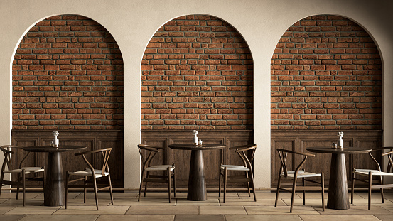 Interior with dining tables, chairs, arcs and brick wall. 3d render illustration mockup.