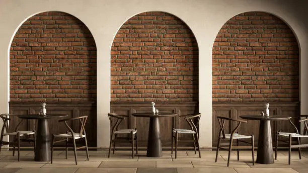 Photo of Interior with dining tables, chairs, arcs and brick wall. 3d render illustration mockup.