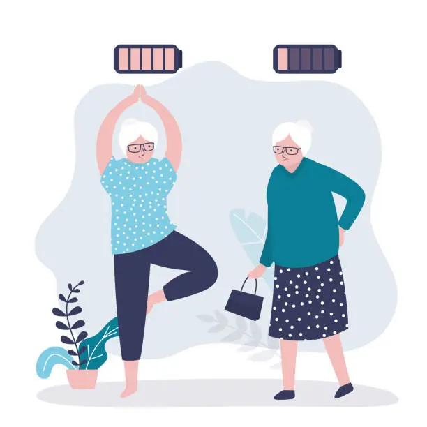 Vector illustration of Happy grandmother practicing yoga. Tired elderly woman with health problems. Exhausted old lady with dead battery