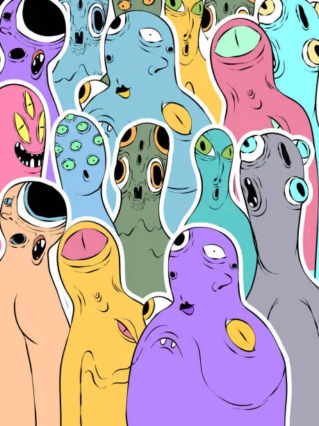 Vector illustration of Crowd of mutants or aliens.