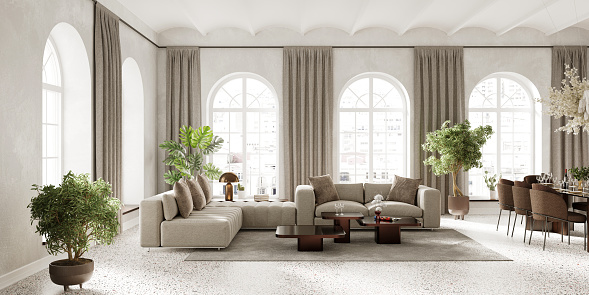 sala de estar inderior con ventanas de arco, amueblado con sofá moderno y mesa de comedor, render 3d photo