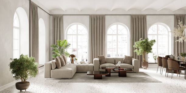 sala de estar inderior con ventanas de arco, amueblado con sofá moderno y mesa de comedor, render 3d - cortinas de ventana de arco fotografías e imágenes de stock