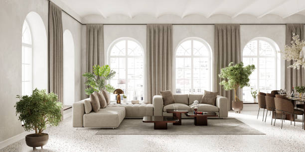 pokój dzienny z oknami łukowymi, wyposażony w nowoczesną sofę i stół, render 3d - home interior contemporary window indoors zdjęcia i obrazy z banku zdjęć