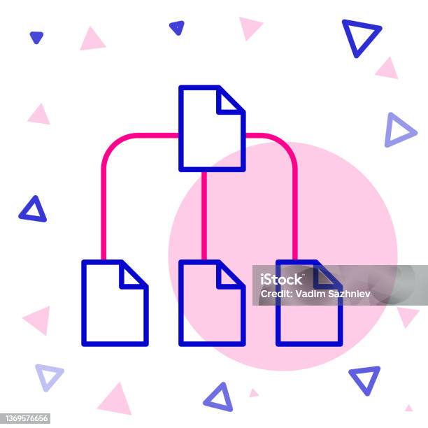 흰색 배경에서 격리된 선 폴더 트리 아이콘입니다 컴퓨터 네트워크 파일 폴더 조직 구조 순서도입니다 다채로운 개요 개념 벡터 ...
