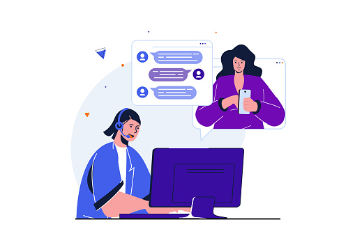 Virtual assistant modern flat concept for web banner design. Operator writes messages in chat, woman client receives help and technical advice in app. Vector illustration with isolated people scene