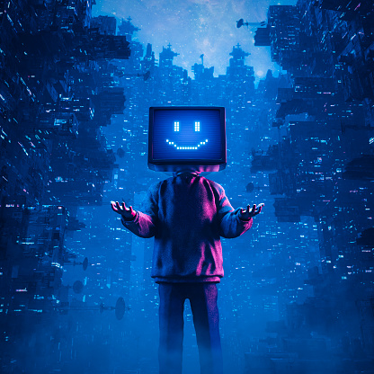 3D illustration of hoodie wearing character with smiling computer display face standing in futuristic cyberpunk city