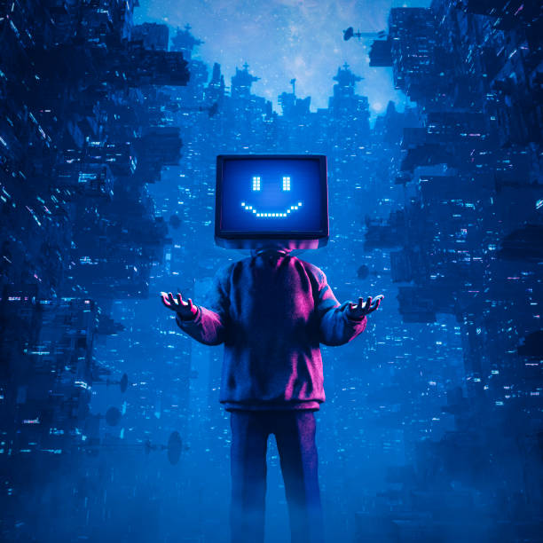 Gamer monitor head smiley media concept 3D illustration of hoodie wearing character with smiling computer display face standing in futuristic cyberpunk city cyberpunk stock pictures, royalty-free photos & images