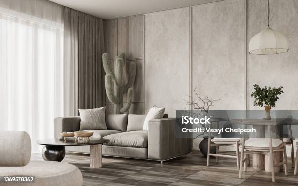 Contemporary Living Room Desing With Modern Furtniture And Large Cacti Wall Mockup Concept 3d Render Stock Photo - Download Image Now