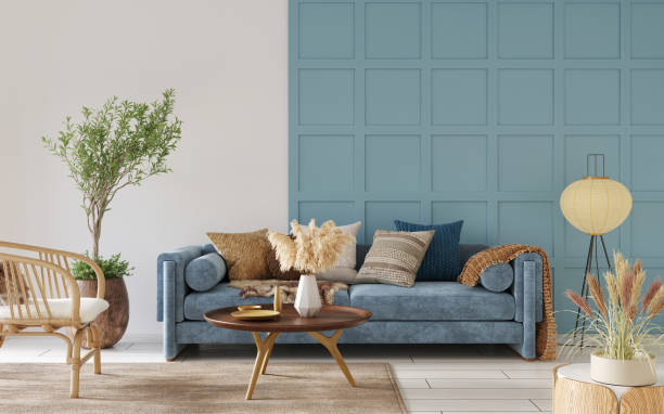 istock Home interior mock-up with cozy sofa and blue wall background, 3d render 1369579535